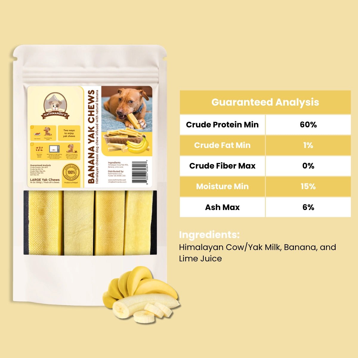 Banana flavored Himalayan yak cheese
dog chew pouch including guaranteed analysis and ingredients - Natural Dog Chew by Kathmandus