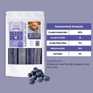 Blueberry flavored Himalayan yak cheese
dog chew pouch including guaranteed analysis and ingredients - Natural Dog Chew by Kathmandus