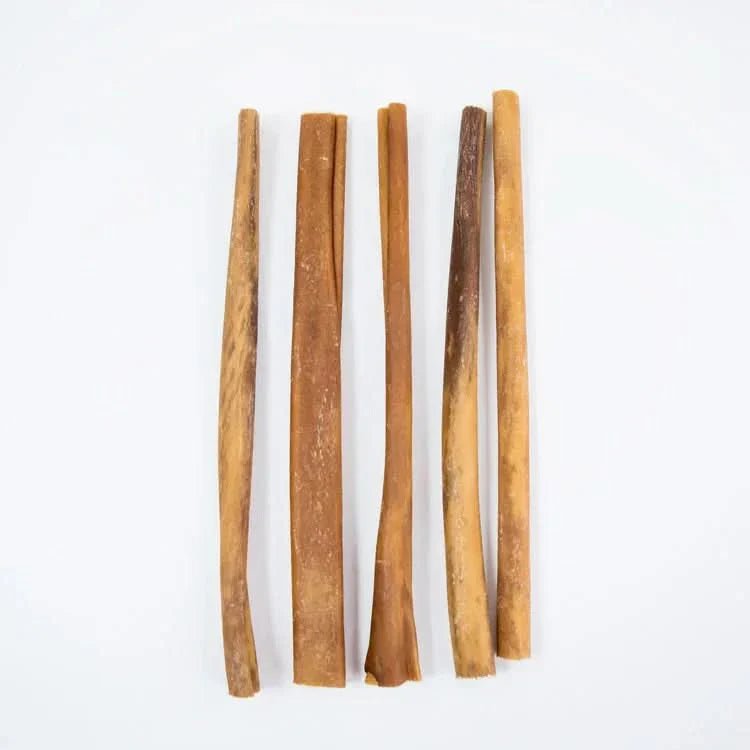 Five 12-inch natural beef collagen sticks for dogs aligned vertically on white background - Natural Dog Chew by Kathmandus