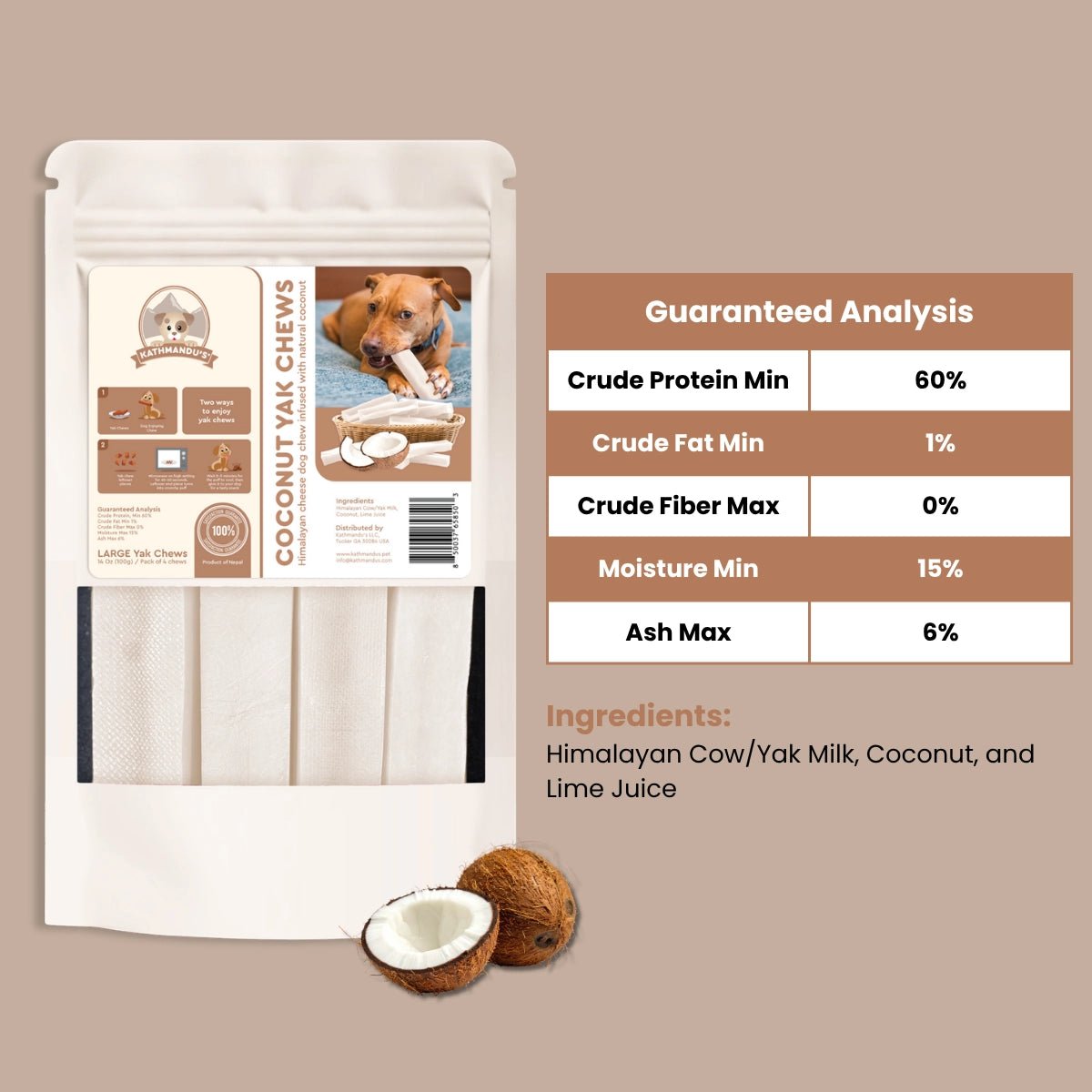 Coconut flavored Himalayan yak cheese
dog chew pouch including guaranteed analysis and ingredients - Natural Dog Chew by Kathmandus