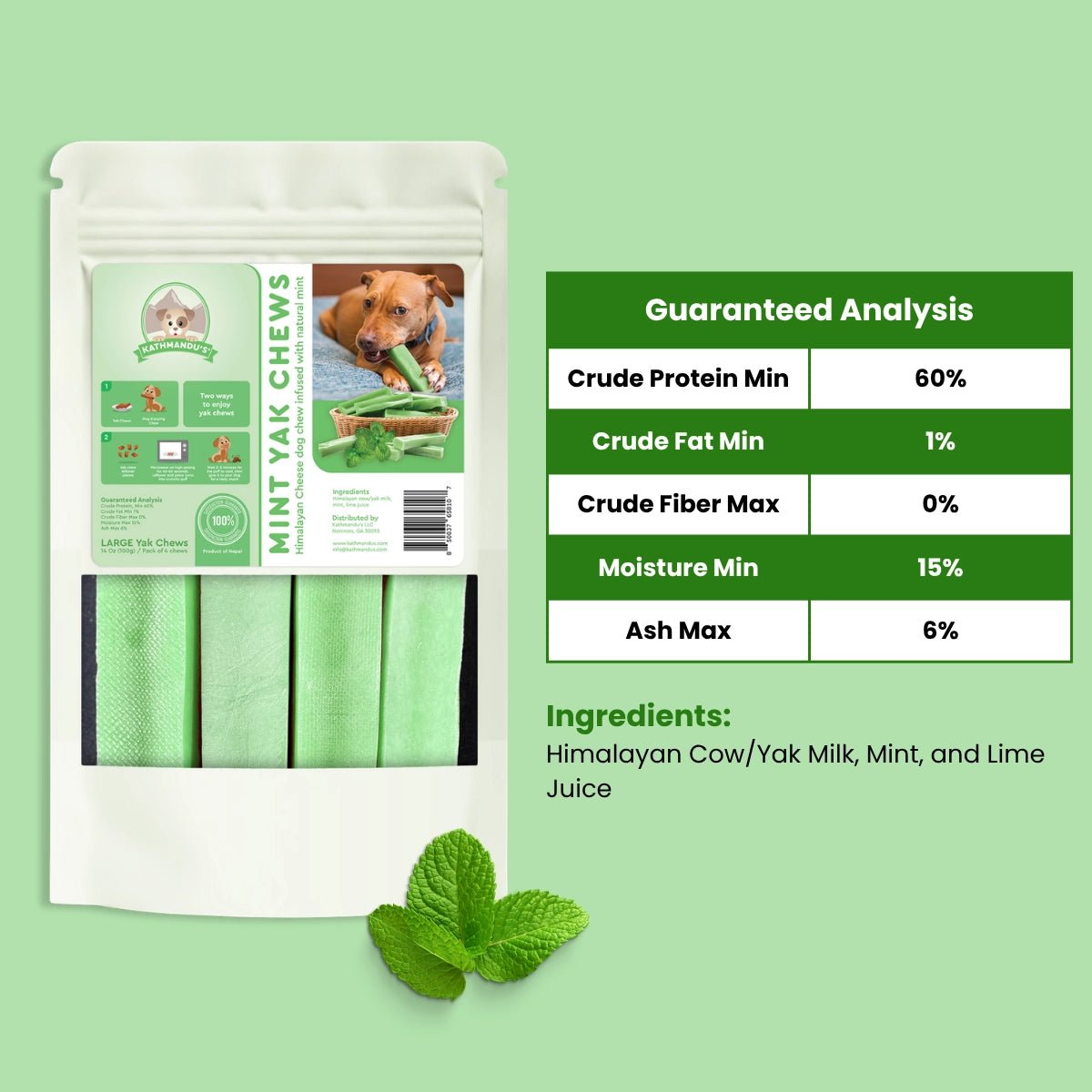 Mint flavored Himalayan yak cheese
dog chew pouch including guaranteed analysis and ingredients - Natural Dog Chew by Kathmandus