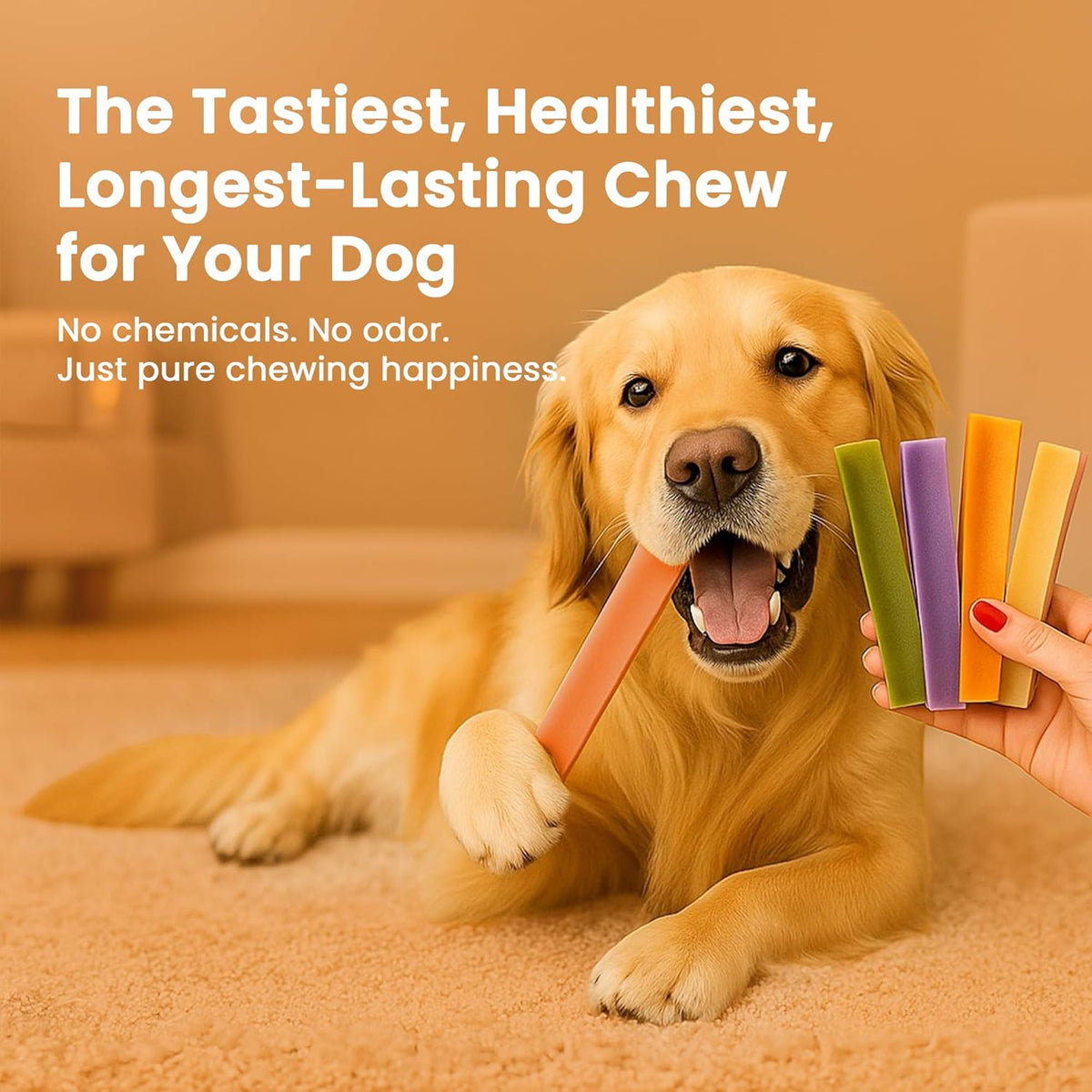 Golden Retriever holding a pumpkin chew alongside a hand displaying colorful flavored Himalayan yak cheese dog chews - Natural Dog Chew by Kathmandus