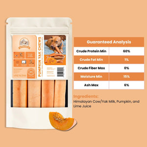 Pumpkin flavored Himalayan yak cheese
dog chew pouch including guaranteed analysis and ingredients - Natural Dog Chew by Kathmandus
