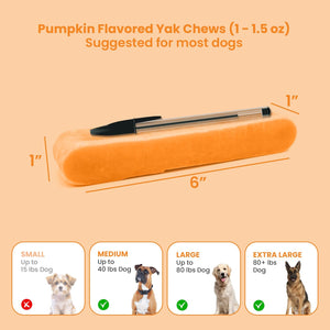 Pumpkin flavored yak chew size chart showing a 6 inch 3-4 oz chew compared to a pen with dog breed recommendations - Natural Dog Chew by Kathmandus