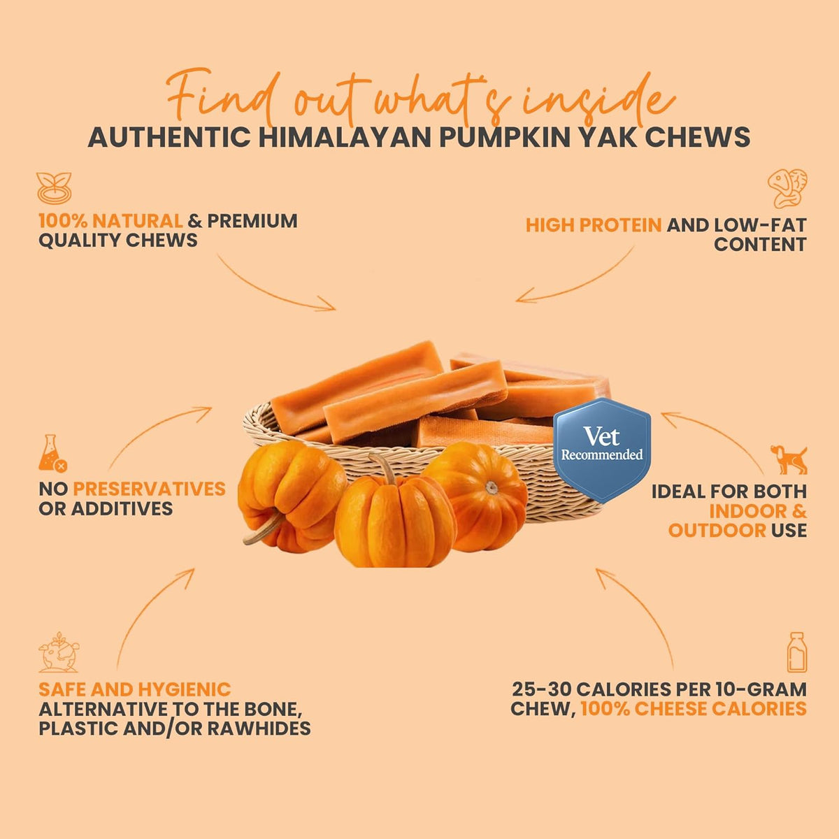 Pumpkin flavored Himalayan Yak Cheese Dog Chews in a basket with key features of the chew - Natural Dog Chew by Kathmandus