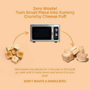 Step-by-step guide showing how to microwave small end pieces of Himalayan yak cheese into crunchy puff treats for dogs - Natural Dog Chew by Kathmandus