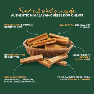 Infographic for Kathmandu's authentic Himalayan cheese dog chews highlighting 100% natural, high protein, low fat, and rawhide-free benefits - Natural Dog Chew by Kathmandus