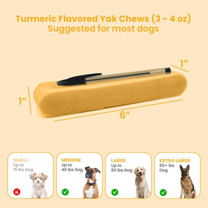 Turmeric flavored yak chew size chart showing a 6 inch 3-4 oz chew compared to a pen with dog breed recommendations - Natural Dog Chew by Kathmandus
