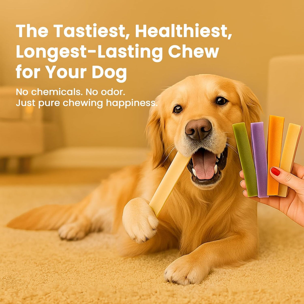 Golden Retriever holding a turmeric chew alongside a hand displaying colorful flavored Himalayan yak cheese dog chews - Natural Dog Chew by Kathmandus