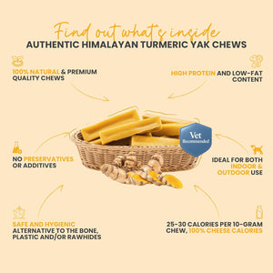 Turmeric Flavored Himalayan Yak Cheese Dog Chews in a basket with key features of the chew - Natural Dog Chew by Kathmandus