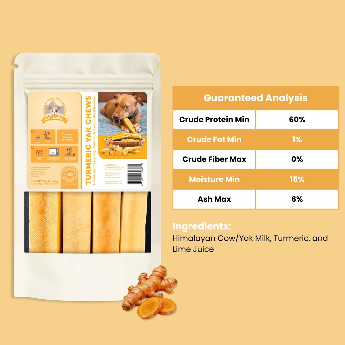 Turmeric flavored Himalayan yak cheese
dog chew pouch including guaranteed analysis and ingredients - Natural Dog Chew by Kathmandus