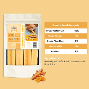 Turmeric flavored Himalayan yak cheese
dog chew pouch including guaranteed analysis and ingredients - Natural Dog Chew by Kathmandus